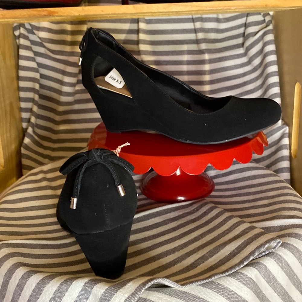 Me Too Wedge Heels - Black w/Silver Tipped Bow, #2